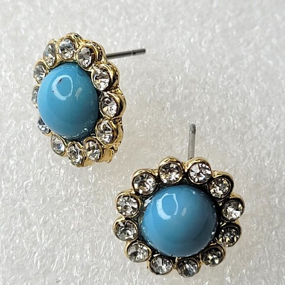 Blue Turquoise Glass cabochon Button Small Earrings - Picture 4 of 8